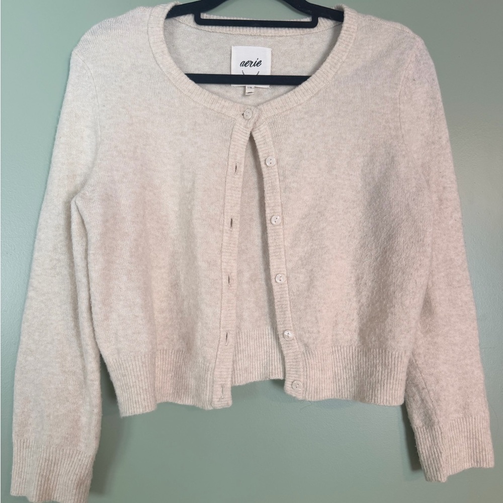 Aerie Cream Cropped Button Front Cardigan (L)